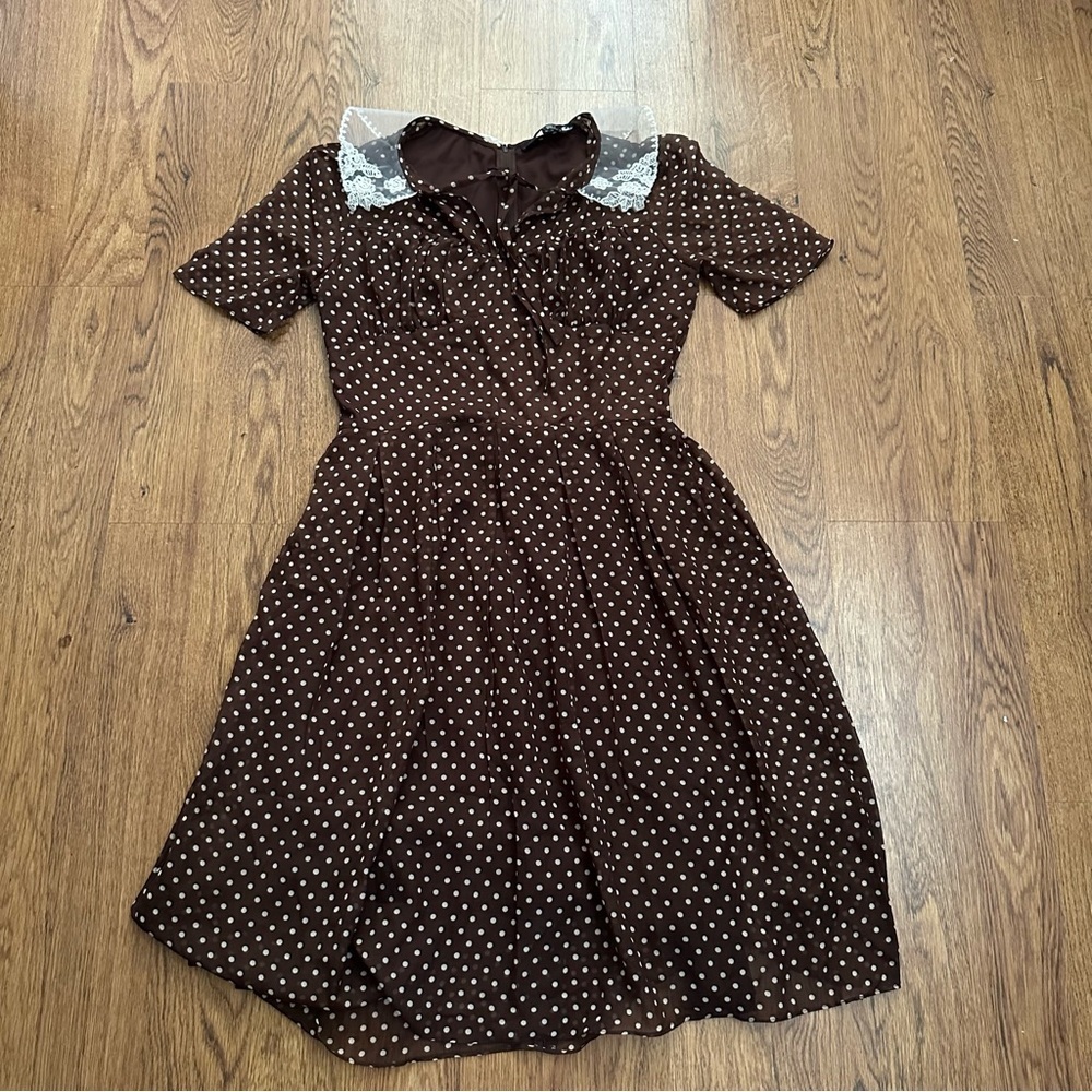 Hell Bunny Brown White polka dot short sleeve Sundress Peter Pan Collar Large